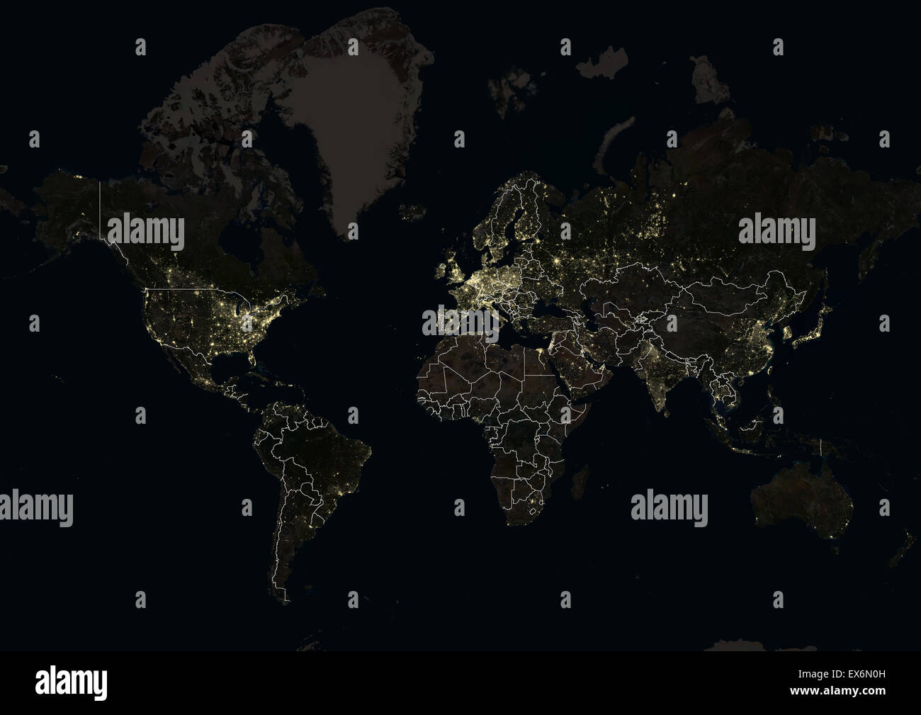 World at night in 2012, showing a world map in Mercator projection. This satellite image with country borders shows urban and Stock Photo