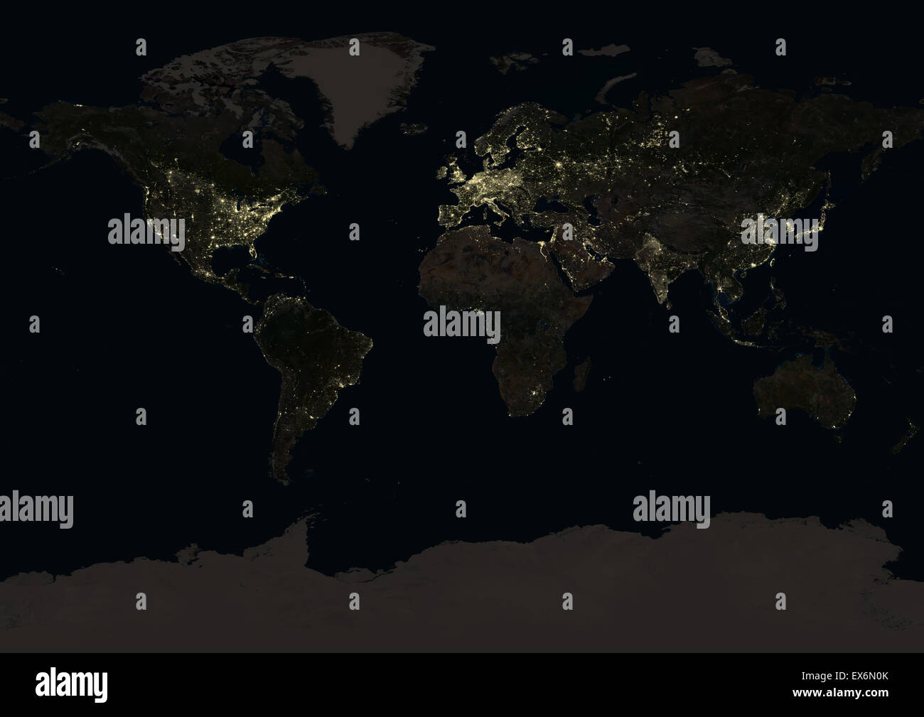 World at night in 2012, showing a world map in Miller projection. This satellite image shows urban and industrial lights. Stock Photo