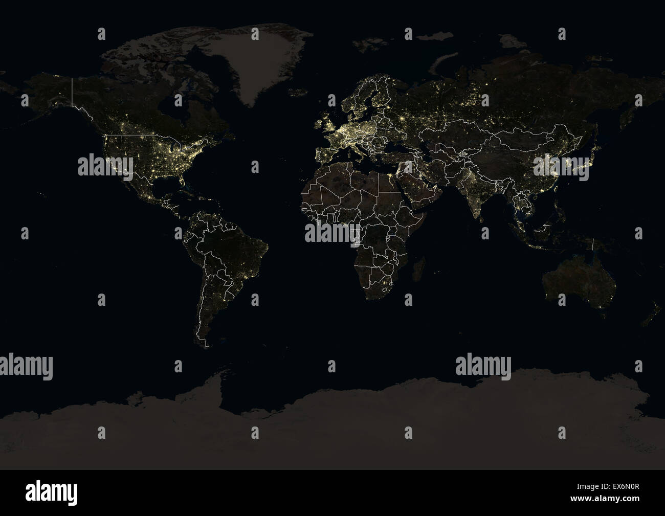 World at night in 2012, showing a world map in Miller projection. This satellite image with country borders shows urban and Stock Photo