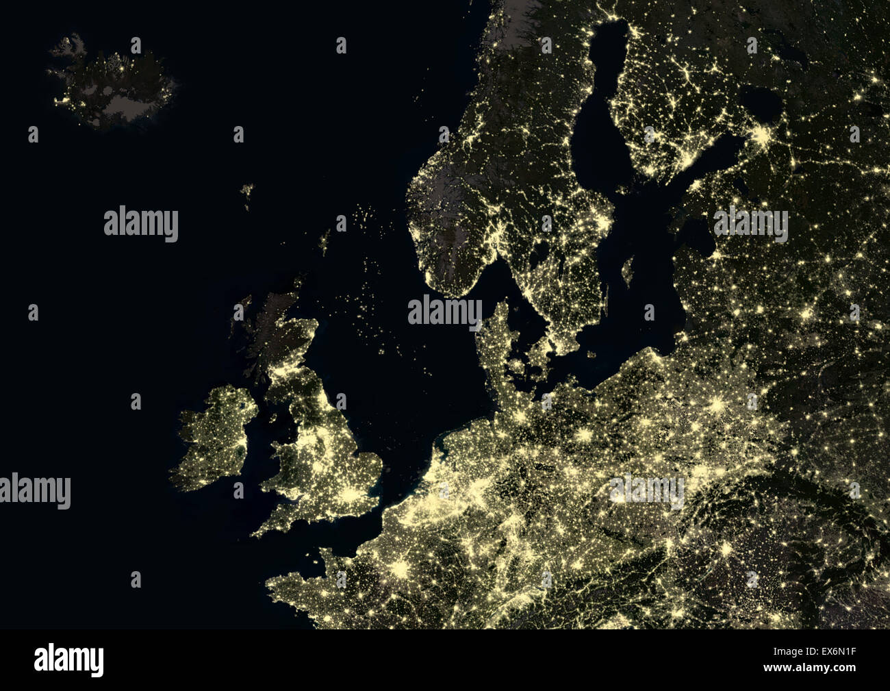 Northern Europe at night in 2012. This satellite image shows urban and industrial lights. Stock Photo