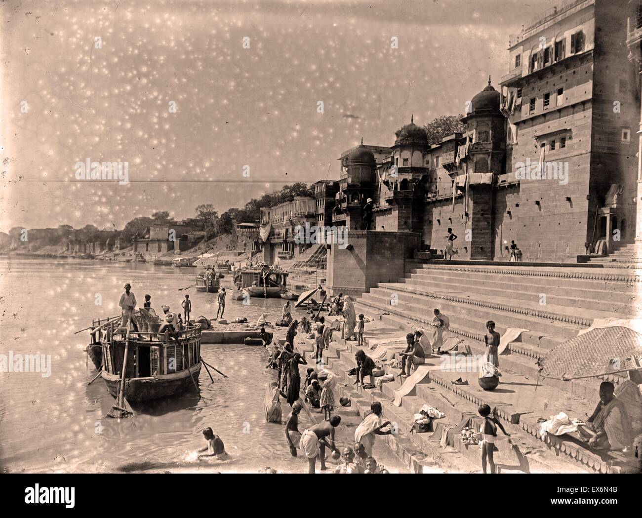 Photograph of people bathing in the Ganges, India. Credited to the Detroit Publishing Co. Dated 1895 Stock Photo