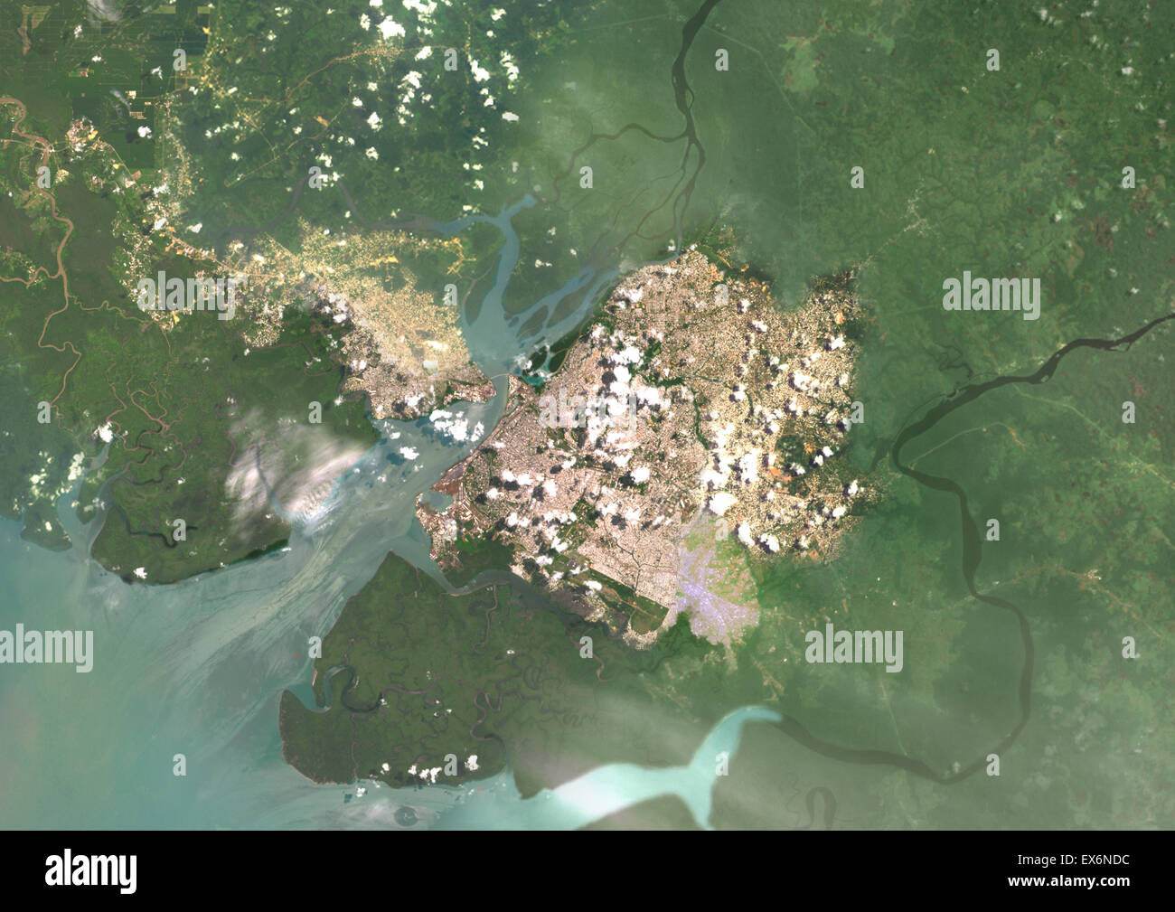Colour satellite image of Douala, Cameroon. Image taken on May 15, 2014 with Landsat 8 data. Stock Photo