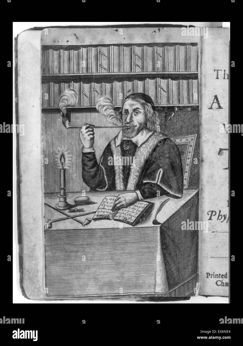 Man smoking a long pipe, seated at table with book, candle and 2 more long pipes 1659. Illustration in Panacea: or, the Universal Medicine, by Dr. Giles Everard Stock Photo