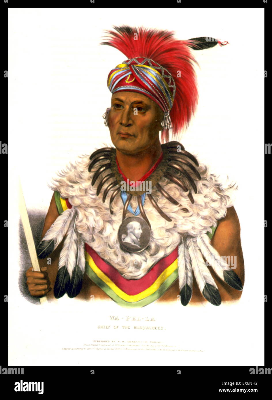 Wa-Pel-La chief of the Mesquakies wearing headdress, feathered shawl, and portrait medallion. The Mesquakie (Meskwaki) are a Native American tribe often known to outsiders as the Fox tribe. They are often closely linked to the Sauk people. Stock Photo