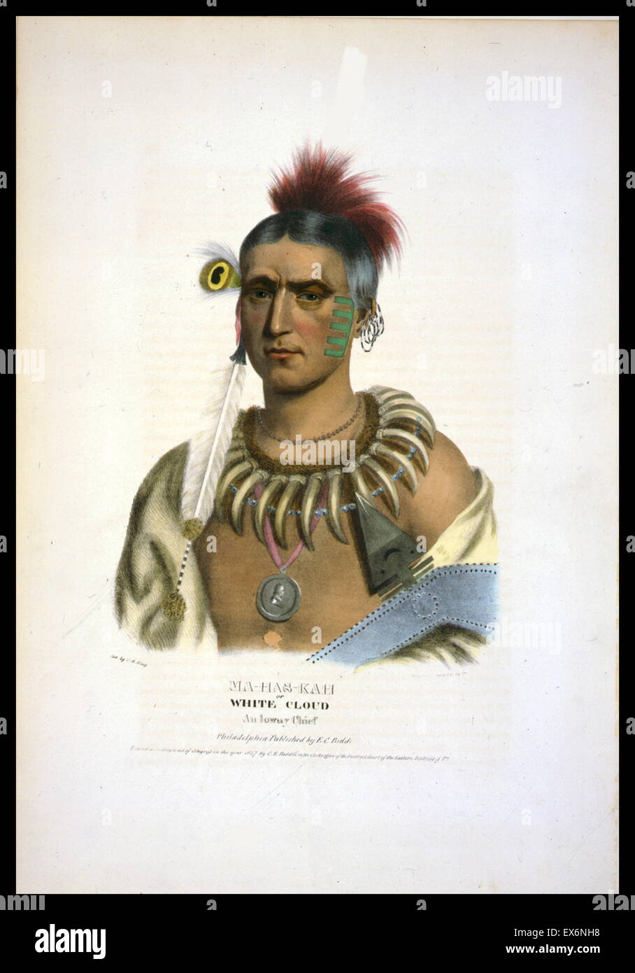 Ma-Has-Kah or White Cloud, an Ioway chief, wearing a claw necklace, a portrait medallion on his neck, earrings and feathers. The Ioway (Iowa) are a Native American Siouan people who live either in Kansas and Nebraska or Oklahoma. Stock Photo