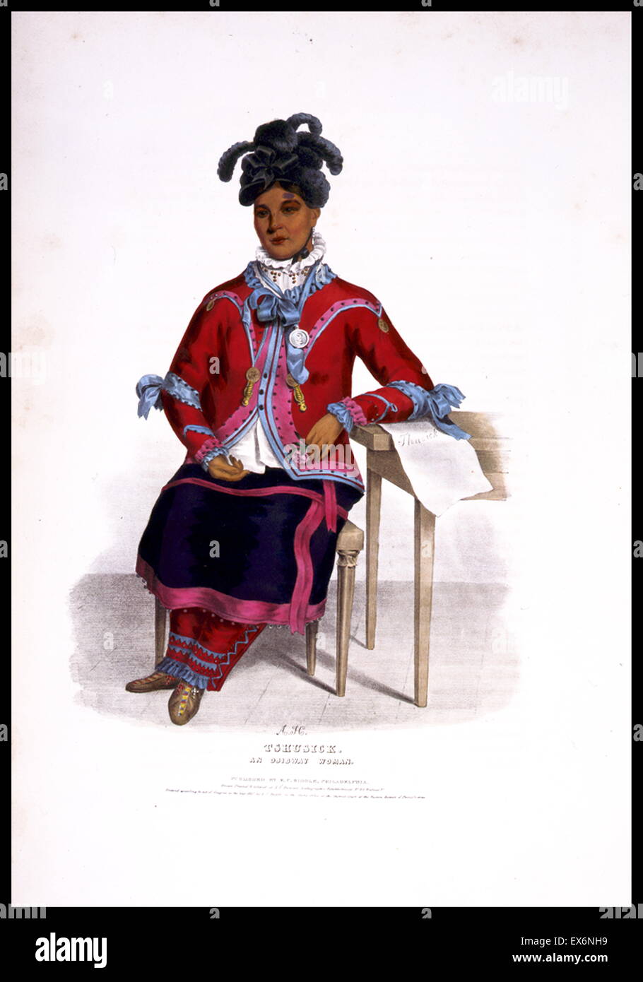 An Ojibway woman with left arm resting on a table on which is a paper with her name on it, spelled 'Thusick'. The Ojibwe (or Chippewa) are one of the largest groups of Native Americans in North America. Stock Photo