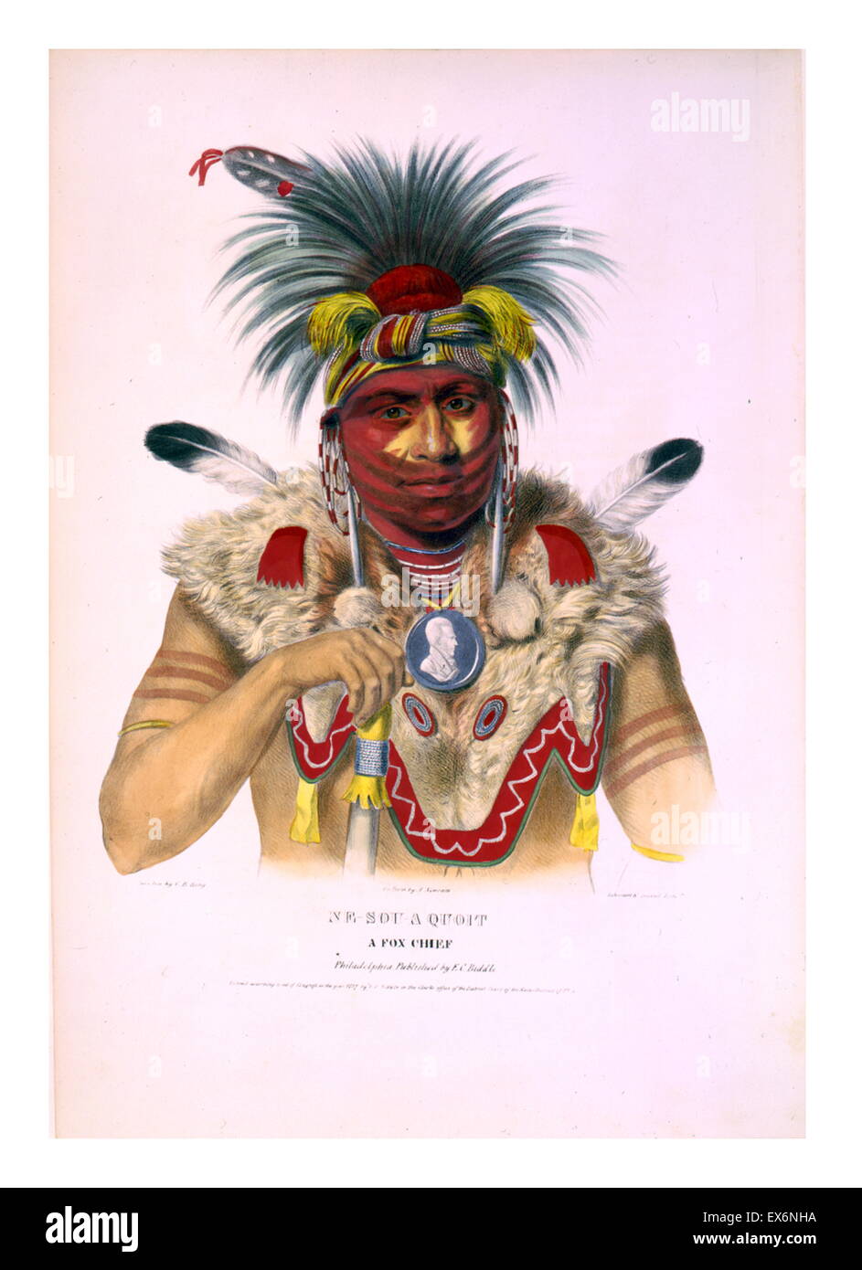 Ne-Sou-A Quoit, a Fox chief wearing elaborate headdress, earrings, necklace, and fur shoulder garment, as well as a portrait medallion around his neck. The Mesquakie (Meskwaki) are a Native American tribe often known to outsiders as the Fox tribe. They ar Stock Photo