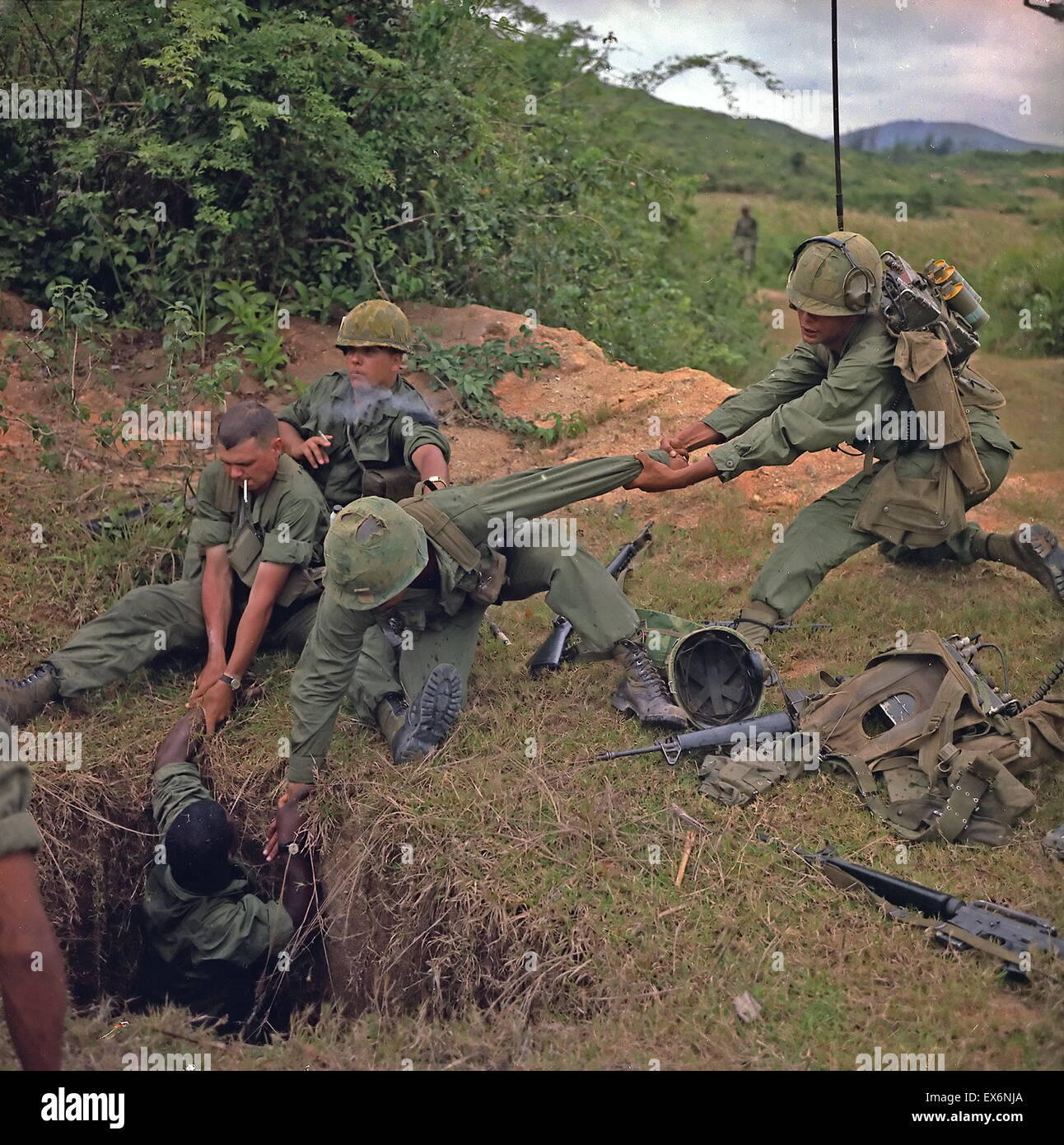 Vietnam War 1968. American soldiers uncover a Vietcong tunnel Stock Photo
