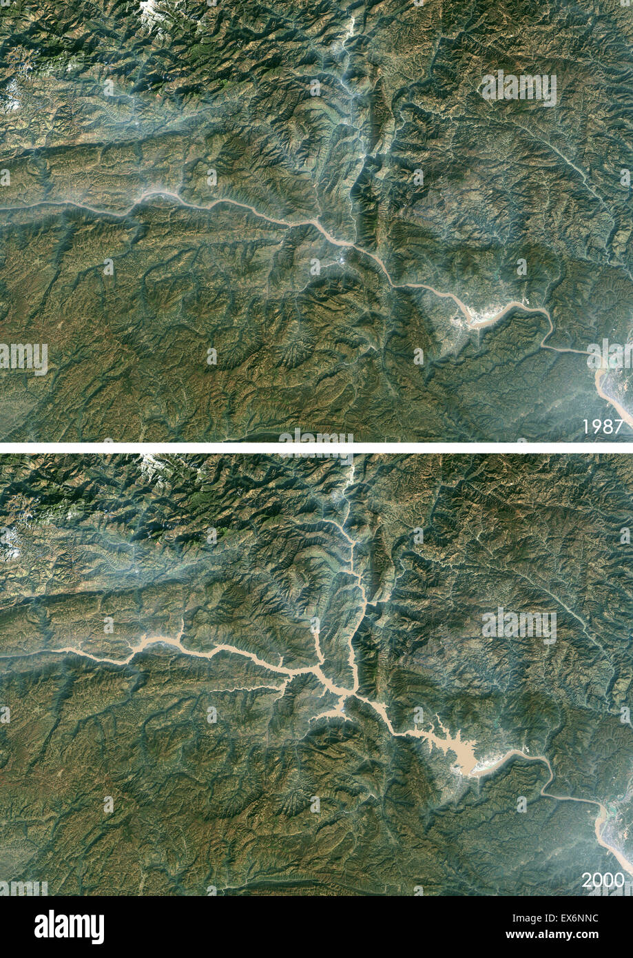 Satellite view of the Three Gorges Dam, China in 1987 and 2000. This before and after image shows changes of the Yangtze river Stock Photo