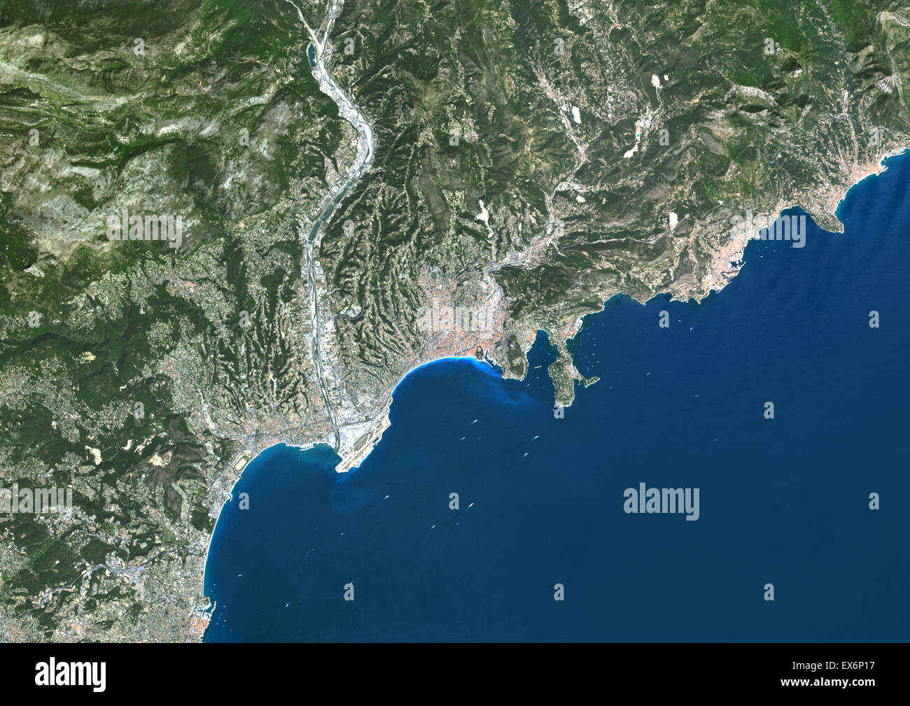 Colour satellite image of Nice, France. Showing the coast from Antibes to Menton. Image taken on July 3, 2014 with Landsat 8 Stock Photo