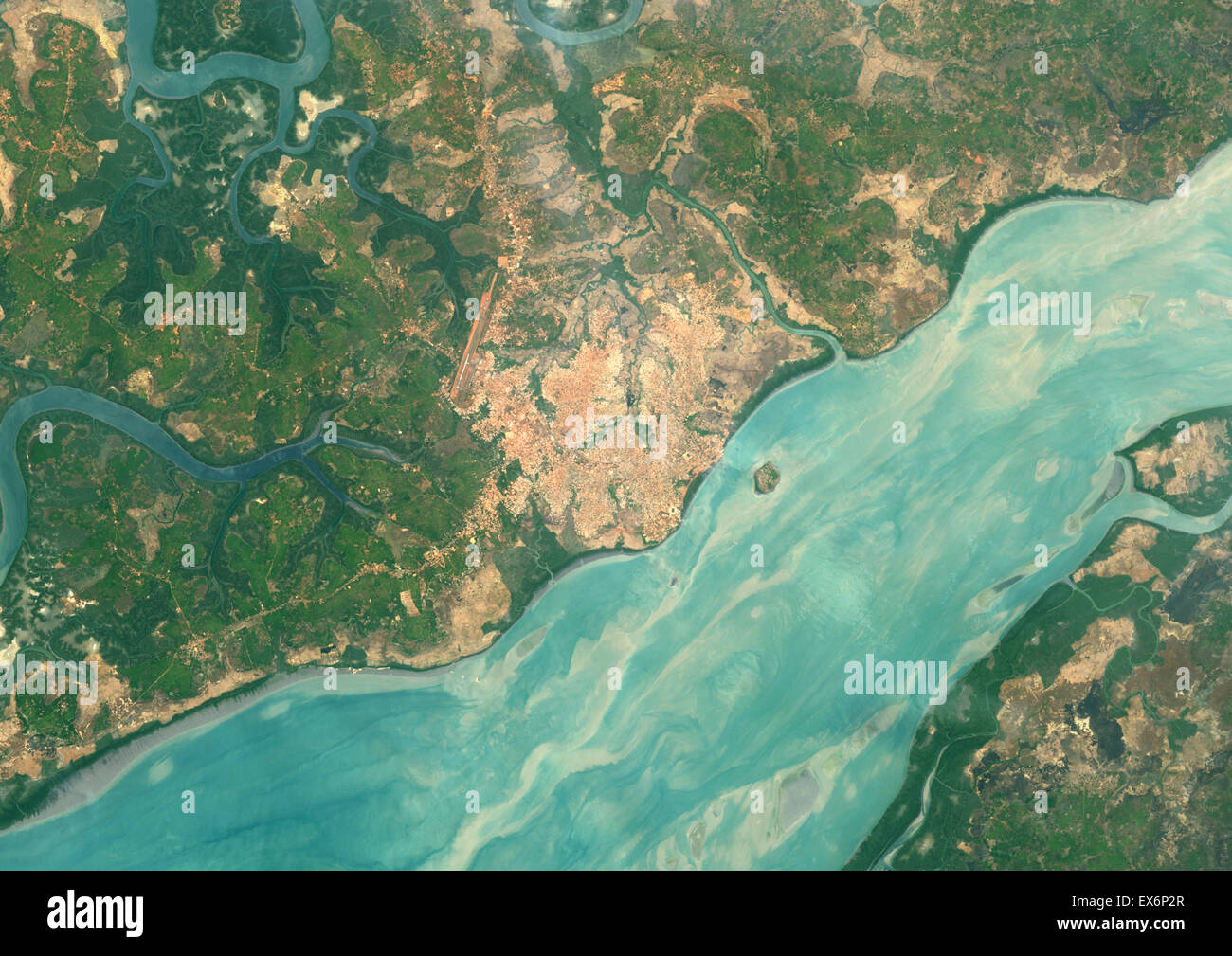Colour satellite image of Bissau, Guinea-Bissau. Image taken on May 6, 2014 with Landsat 8 data. Stock Photo