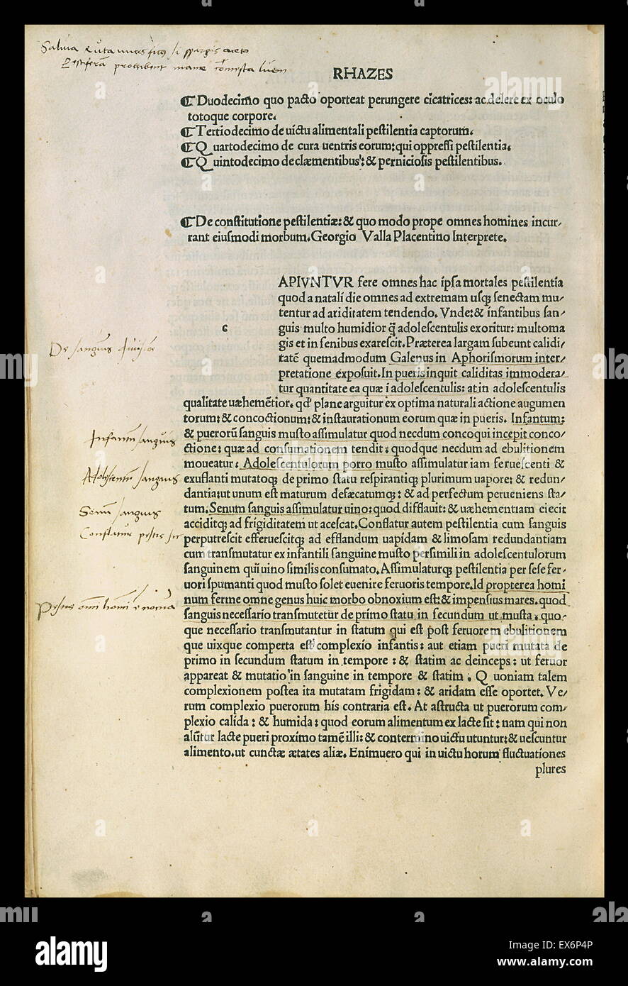 Razi (ca. 845-925), Treatise on Smallpox. Latin translation from the Byzantine version by Georgio Valla (1447–1500), printed in Venice, 1498. Stock Photo