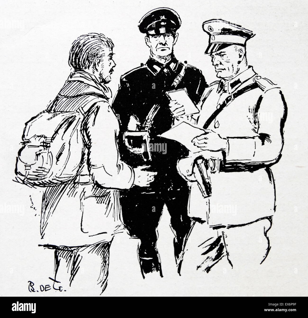 illustration depicting an escaped British prisoner of war having his forged papers examined by Nazi officers Stock Photo