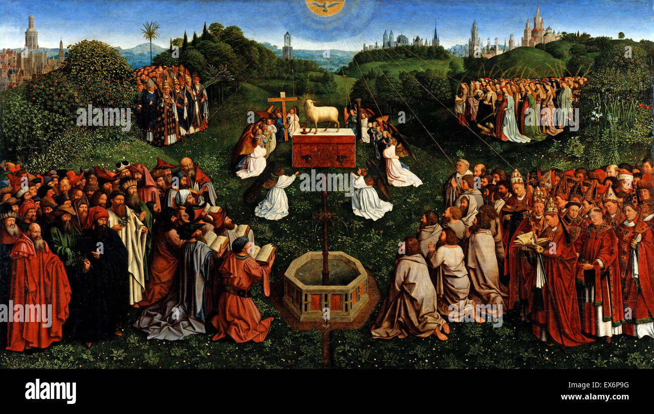 The central 'Adoration of the Mystic Lamb' panel. from the Ghent Altarpiece., The groupings of figures are, from top left anti-clockwise: the male martyrs, the pagan writers and Jewish prophets, the male saints, and the female martyrs. principally execute Stock Photo