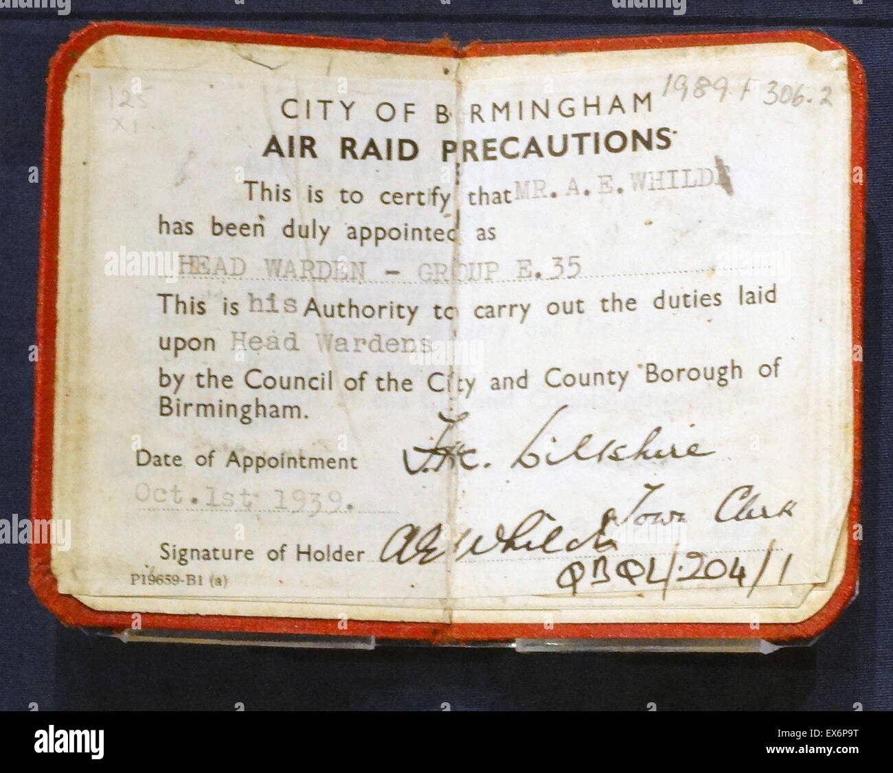 World war two appointment card for an Air Raid Warden in Birmingham England. 1939 Stock Photo