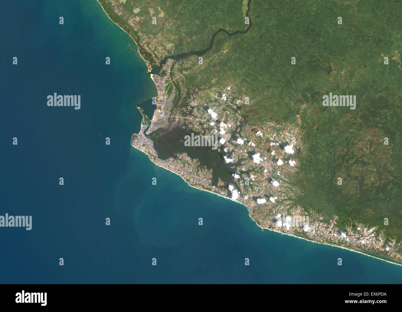 Colour satellite image of Monrovia, Liberia. Image taken on February 19, 2014 with Landsat 8 data. Stock Photo