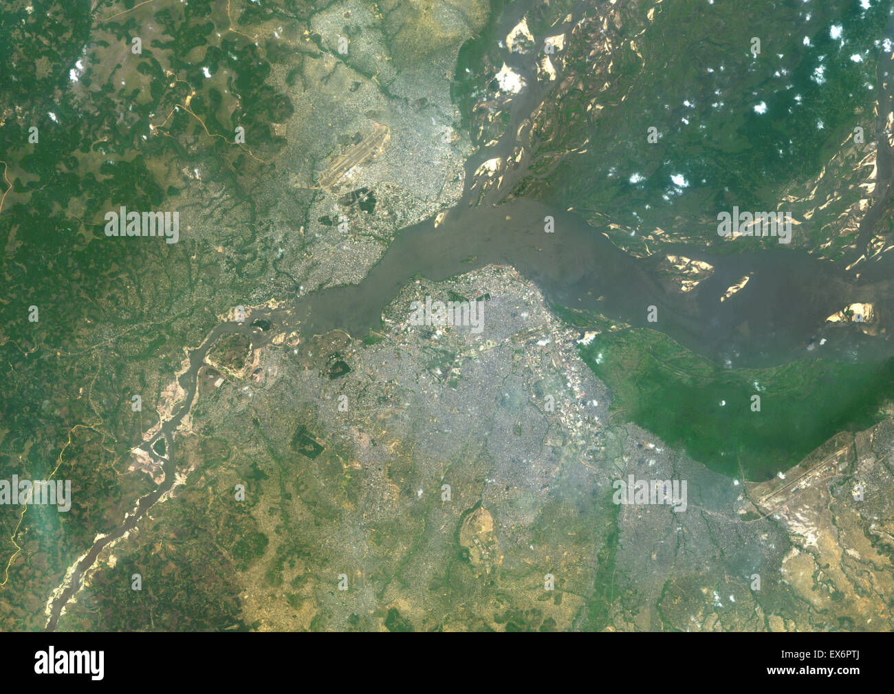 Colour satellite image of Brazzaville, capital city of the Republic of Congo, at the top of the image, and Kinshasa, capital Stock Photo