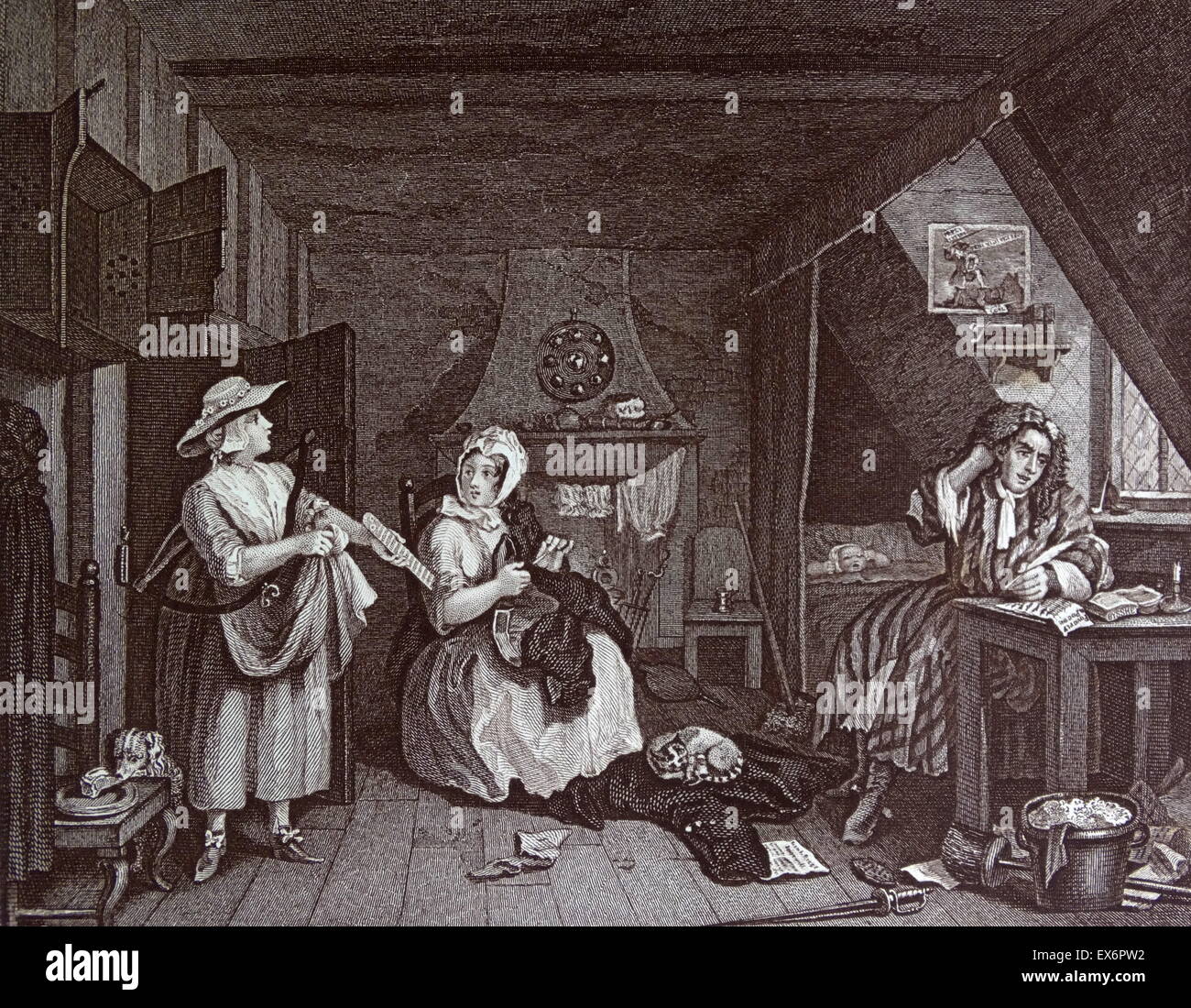 Engraving by British artist & engraver, William Hogarth 1697–1764: The distressed poet 1737. This Plate describes, in the strongest colours, the distress of an author without friends to patronise him. Seated upon the side of his bed, without a shirt, but Stock Photo