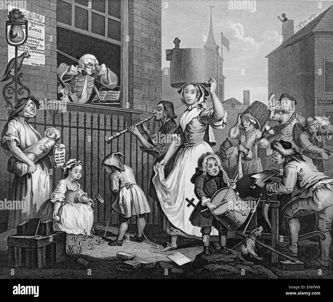 Engraving by British artist & engraver, William Hogarth 1697–1764: The Enraged Musician 1741 Stock Photo