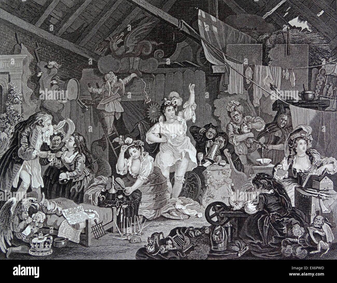 Engraving by British artist & engraver, William Hogarth 1697–1764: Strolling Actresses Dressing in a Barn 1738. depicts a company of actresses preparing for their final performance before the troupe is disbanded as a result of the Licensing Act 1737 Stock Photo