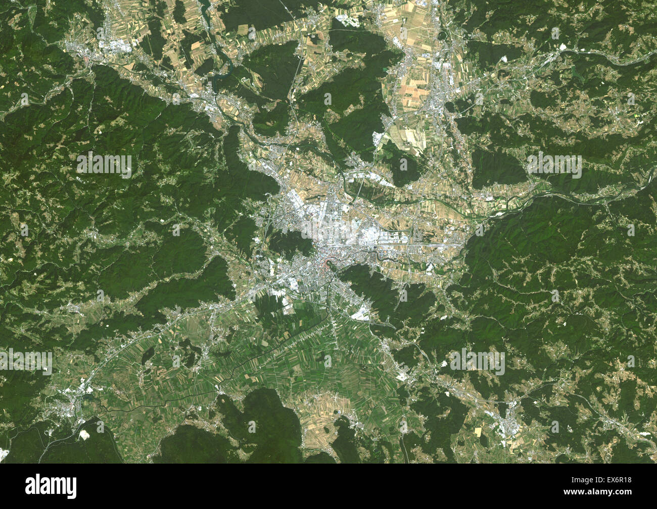 Colour satellite image of Ljubljana, Slovenia. Image taken on August 5