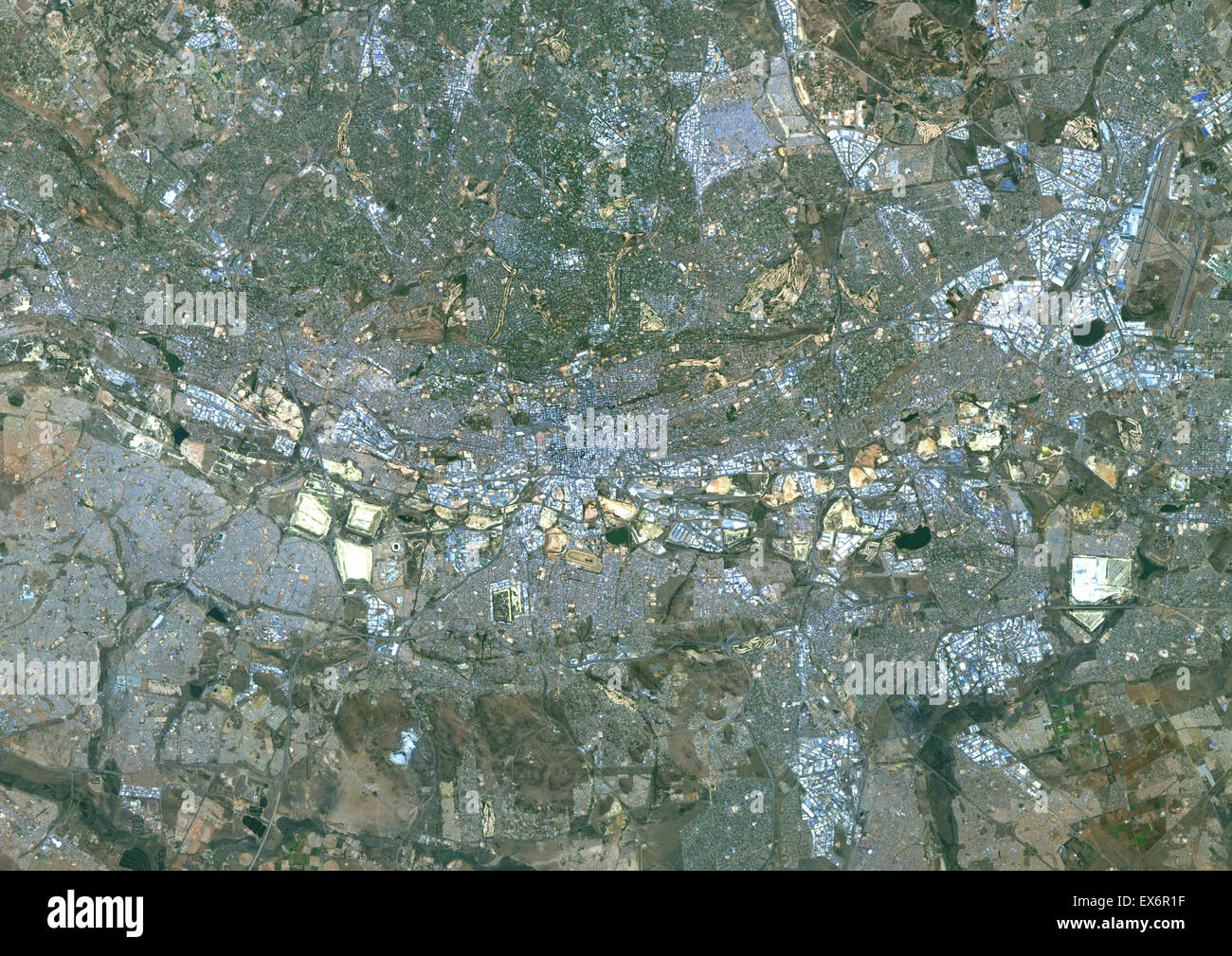 Colour satellite image of Johannesburg, South Africa. Image taken on August 28, 2014 with Landsat 8 data. Stock Photo