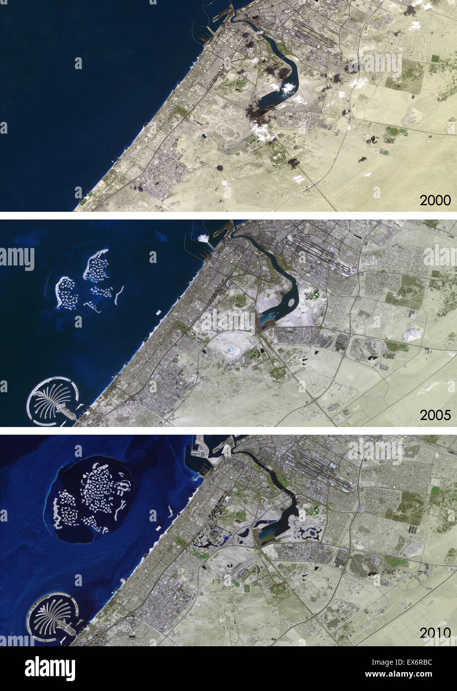 Satellite view of Dubai, United Arab Emirates in 2000, 2005 and 2010. This before and after