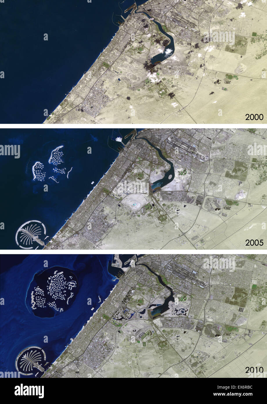 Satellite view of Dubai, United Arab Emirates in 2000, 2005 and 2010. This before and after image shows urban expansion over Stock Photo