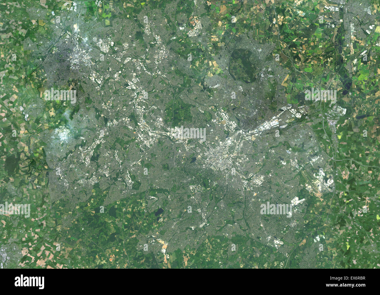 Colour satellite image of Birmingham, England. Image taken on July 8, 2013 with Landsat 8 data. Stock Photo