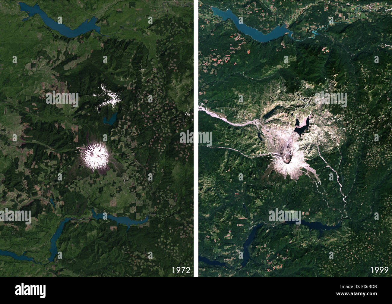 Satellite view of Mount St Helens, Washington, USA in 1972 and 1999. This image shows the volcano changes before and after its Stock Photo