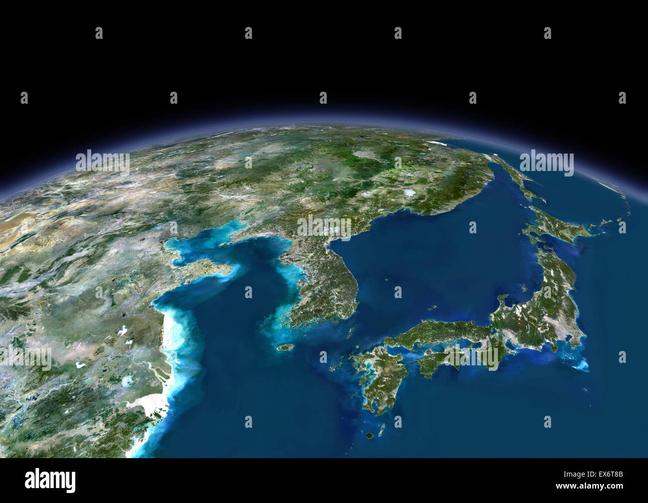 3D satellite image of Japan and Korea. Stock Photo