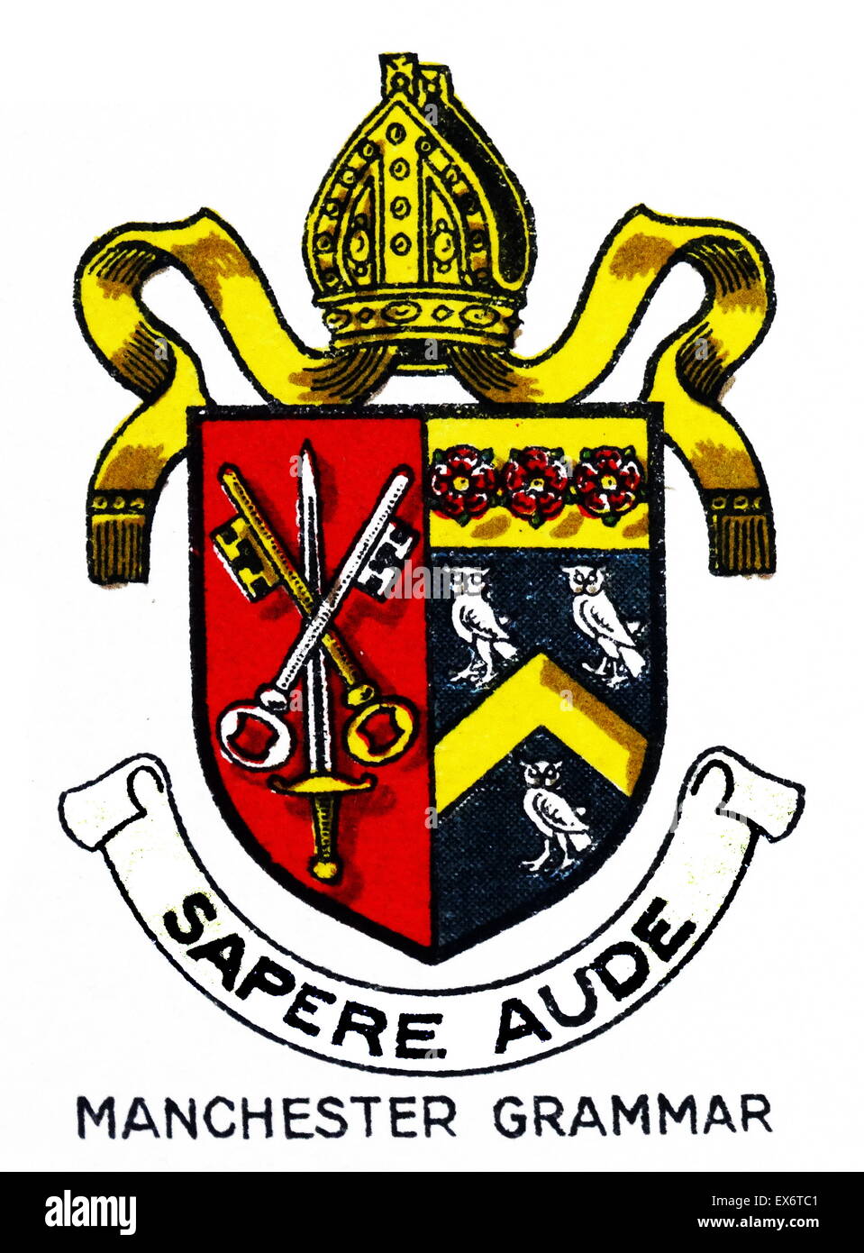 Emblem for Manchester Grammar School the largest independent day school for boys in the United Kingdom. It was founded by Hugh Oldham in 1515. Stock Photo