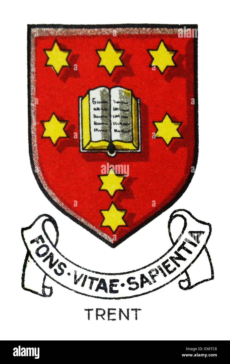 Emblem for Trent College, Long Eaton, Nottingham, is a co-educational independent day and boarding school. In 1865 Francis Wright (High Sheriff of Nottingham and Deputy Lieutenant of Nottinghamshire and Derbyshire) set the foundation of Trent College into Stock Photo