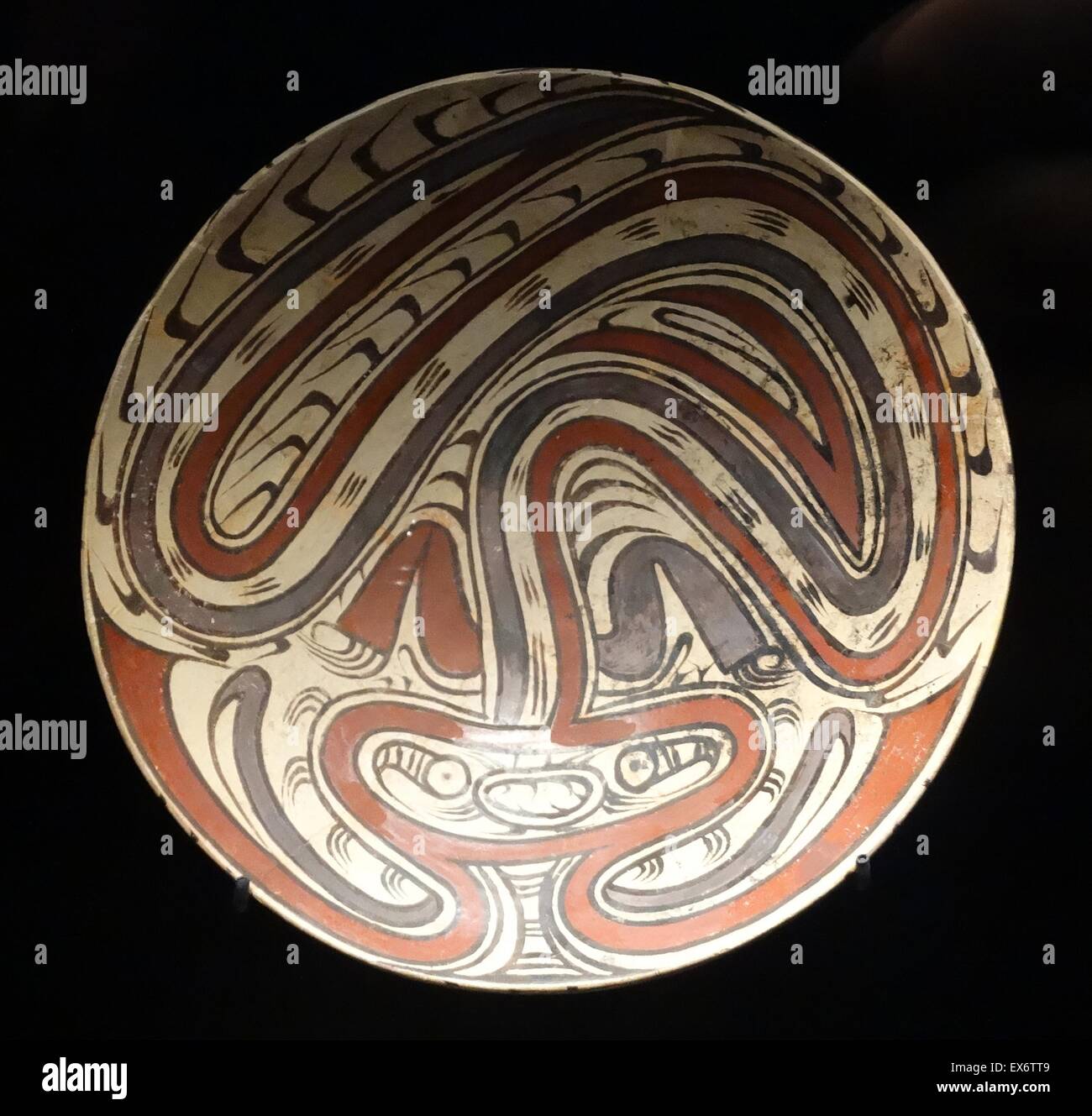 Polychrome ceramic from Panama. Depicting a snake monster. The ceramic would have been used in funerals and would have sat on a bed of ash. Stock Photo