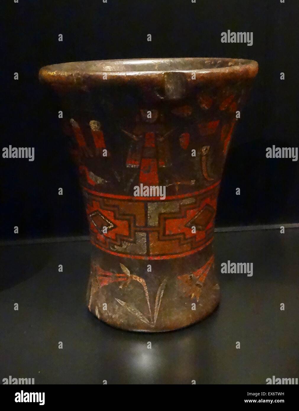 Peruvian, Spanish Colonial-Inca culture, ceremonial goblet; (kero) wood with encrusted resins 18th century. Stock Photo