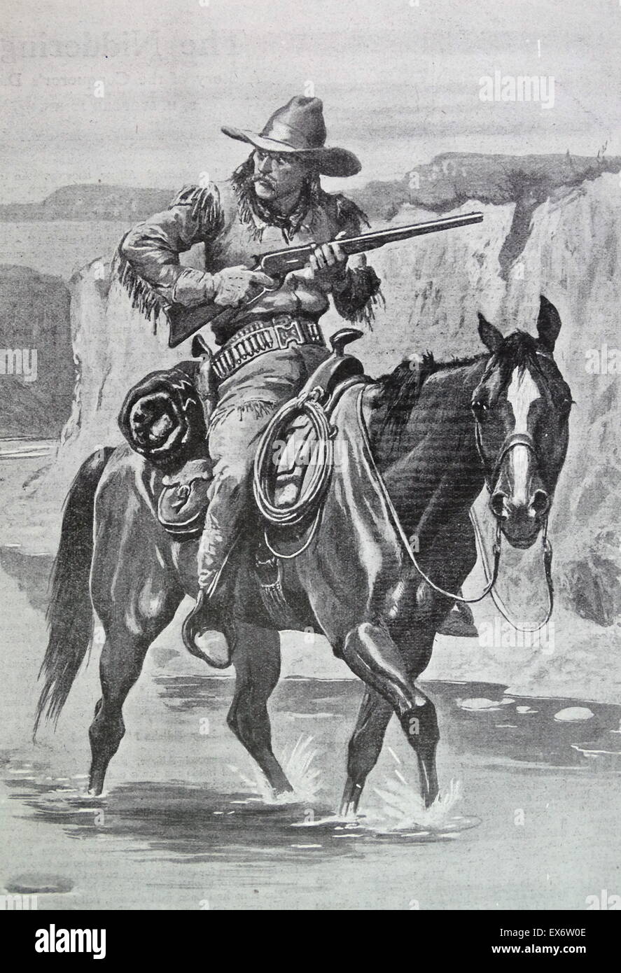 Cowboy with rifle on horseback Stock Photo