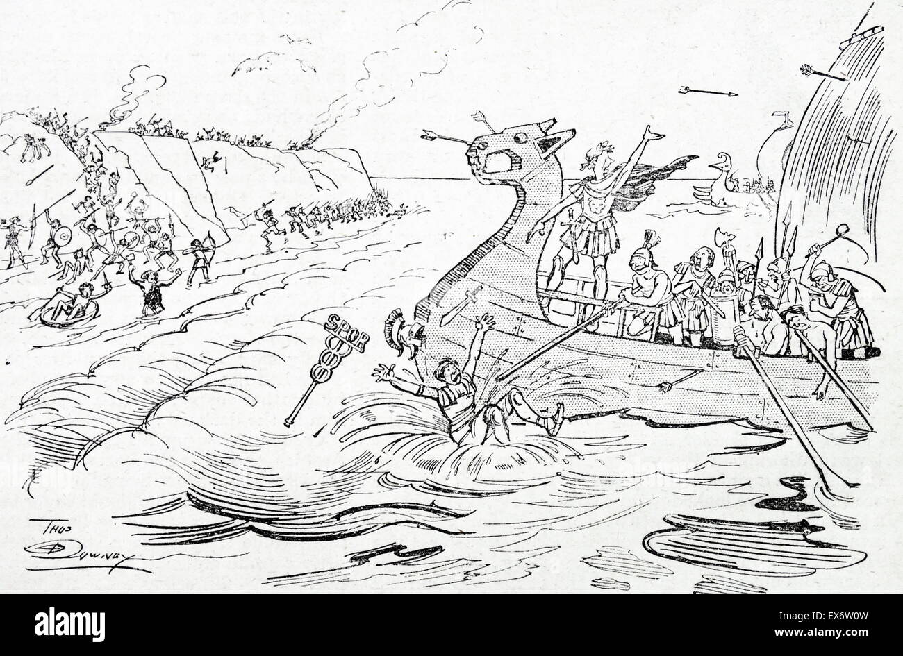 Roman standard bearer falls from a boat as Julius Caesar invades