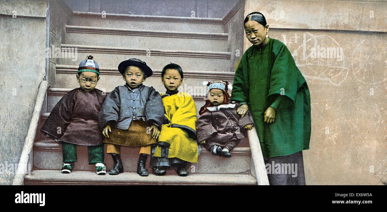 Photomechanical print of a Chinese family in America. Dated 1898 Stock Photo