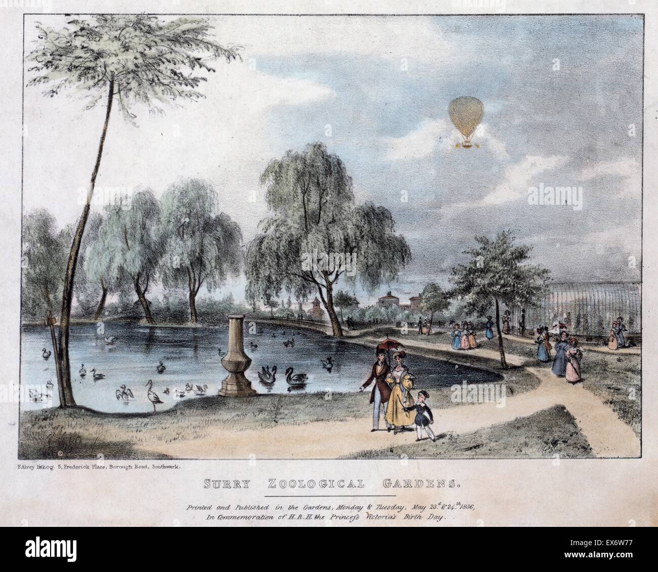 Hand-coloured lithograph of the Surrey Zoological Gardens, with a balloon ascending in the distance, commemorating the 17th birthday of Princess Alexandrina Victoria (1819-1901). Dated 1836 Stock Photo