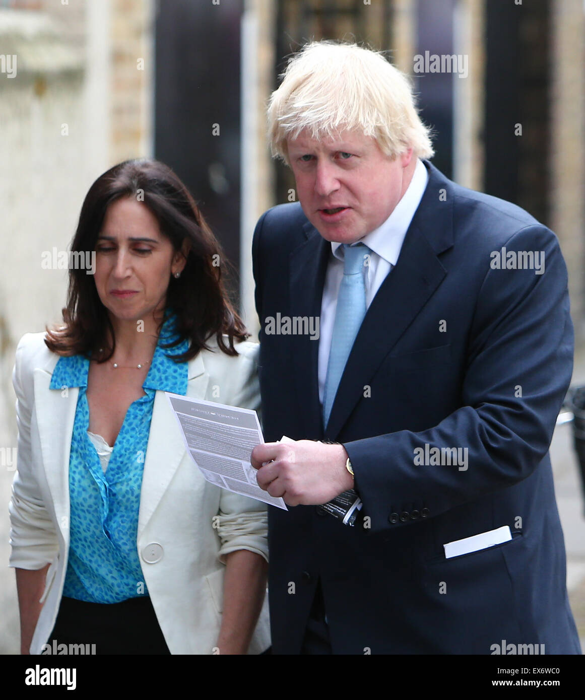 Boris Johnson and his wife Marina Wheeler attend a local school to cast their votes in the General Election  Featuring: Boris Johnson, Marina Wheeler Where: London, United Kingdom When: 07 May 2015 Stock Photo