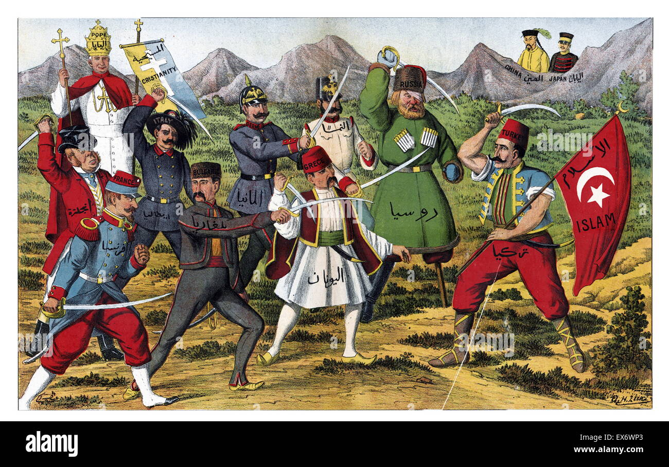 Ottoman Turkish Cartoon of 1910 Turkey taking on the European and Russian superpowers while China and japan look on Stock Photo