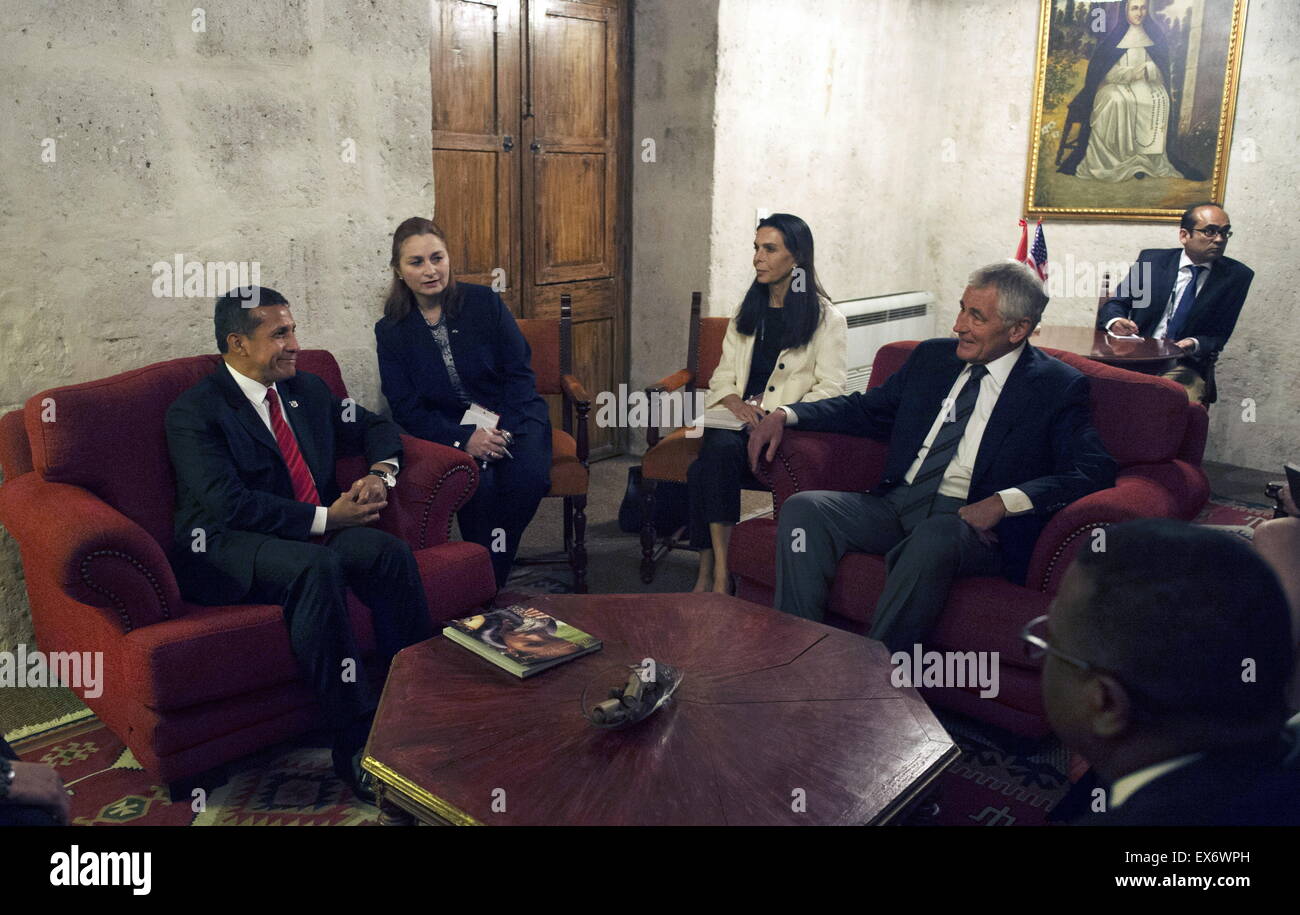 Chuck Hagel the US Defence Secretary , right, speaks with Peruvian President Ollanta Humala 2014 Stock Photo
