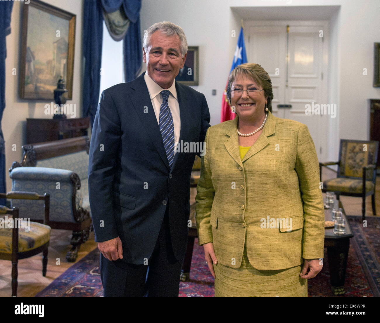 Chuck Hagel US Defence Secretary, meets Chilean President Michelle Bachelet Stock Photo