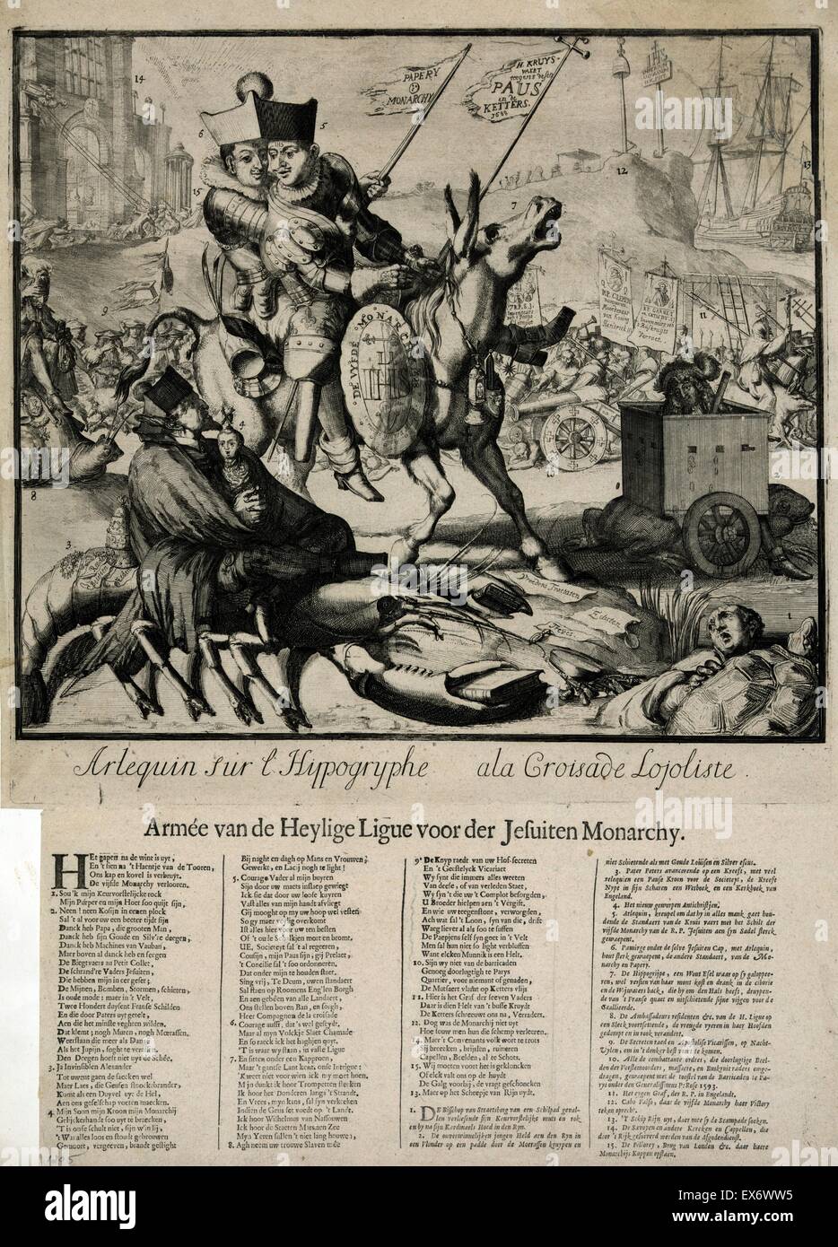 This print shows Louis IV as the harlequin, with pegged leg, riding on the 'hippogryphe' or jackass, leading a holy crusade. He wears a large biretta that also fits over the head of James II sitting behind him; they both wear armour. Hanging from the sadd Stock Photo