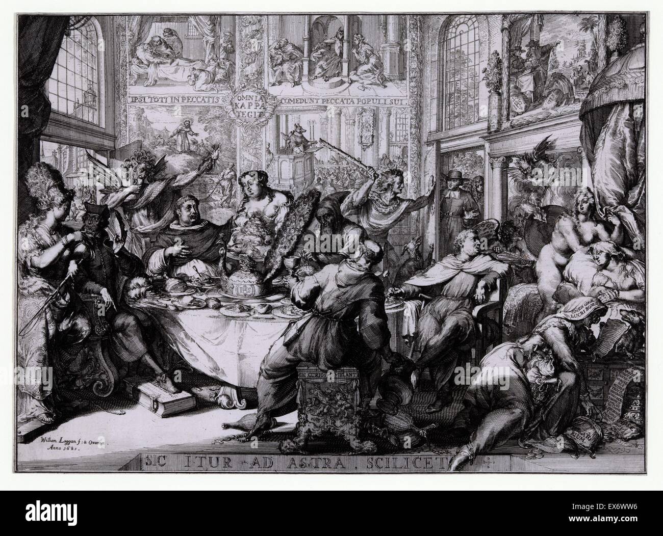 Print shows a bawdy house of pleasure frequented by Father Petre and other  Jesuits where they mingle and dine with figures such as: Wantonness,  Avarice, Sloth, Fury and Vanity. The artist is