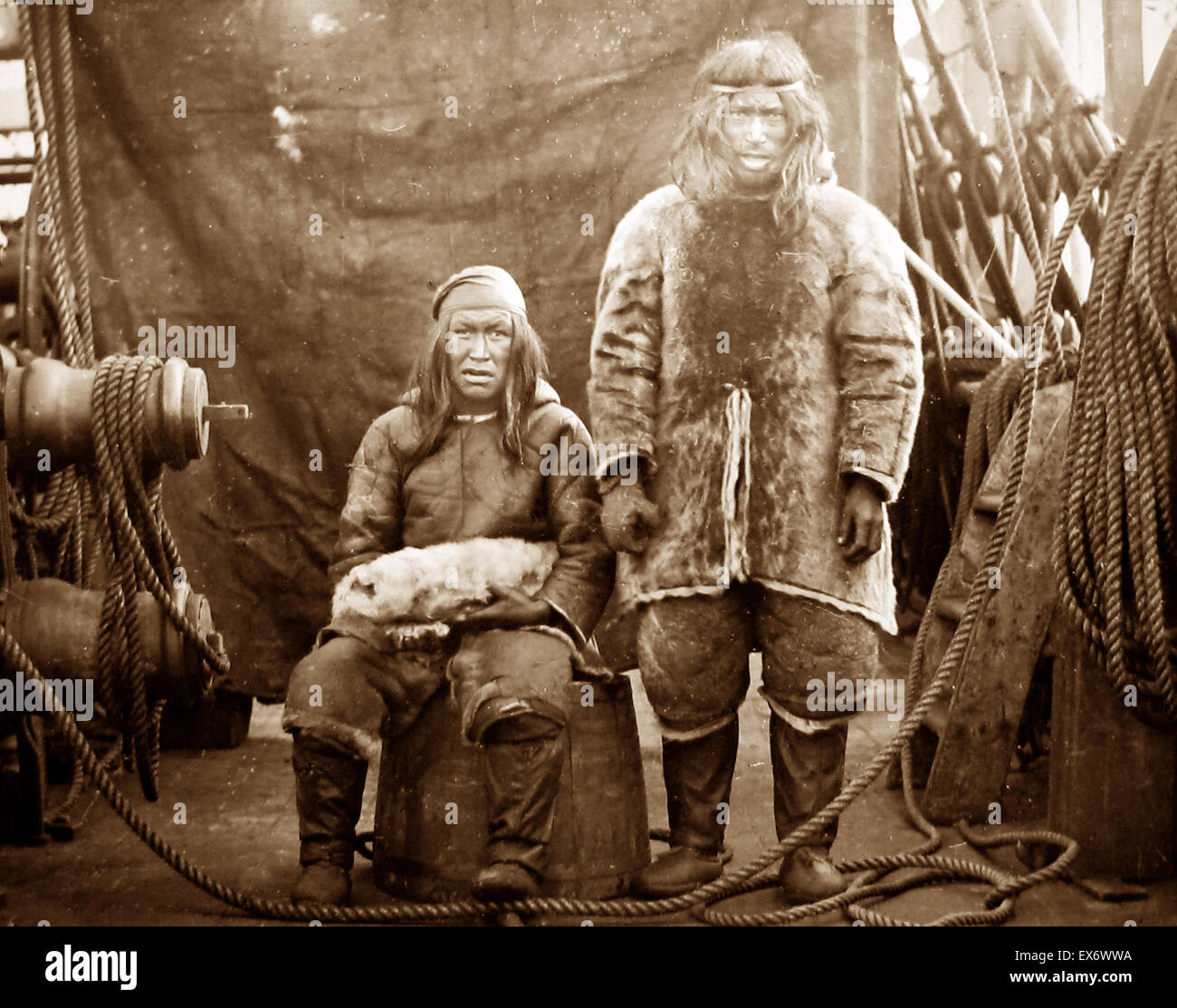 Greenland Inuits on board a whaling ship - Victorian period Stock Photo