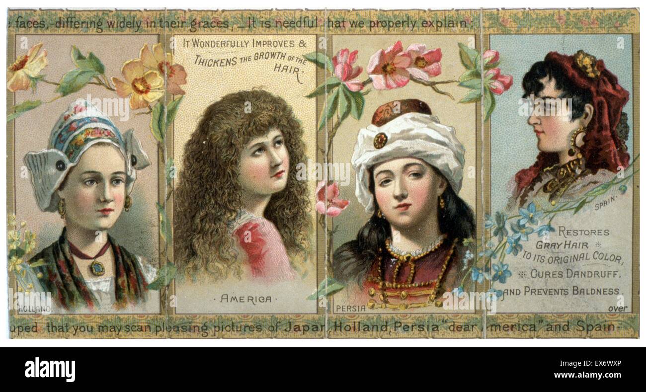 Patent medicine label for woman's hair tonic which promises to restore gray hair, cure dandruff and prevent baldness. Dated 1852 Stock Photo