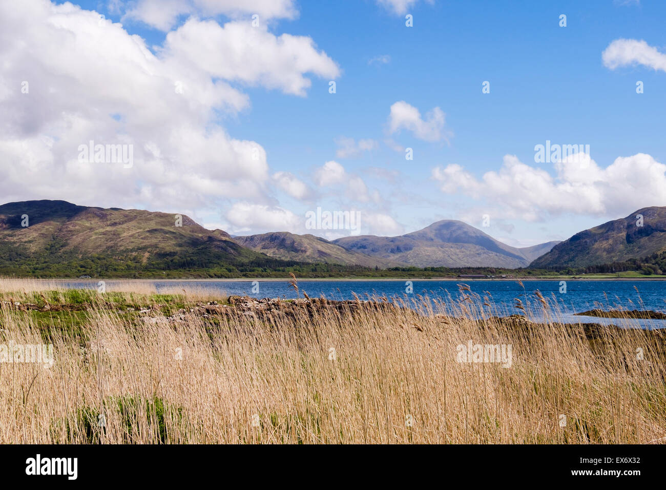View across Loch na Keal to mountains from Kellan on Scottish island. Isle of Mull Argyll and Bute Inner Hebrides Western Isles Scotland UK Britain Stock Photo