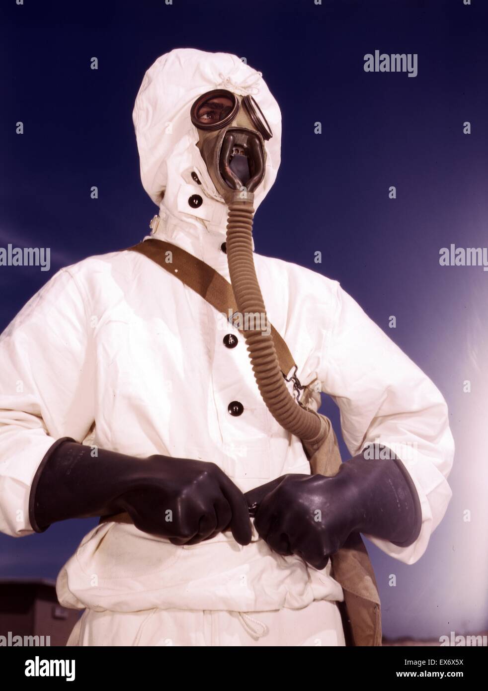 US Navy sailor in breathing gear and fire retardant suit 1943. Stock Photo