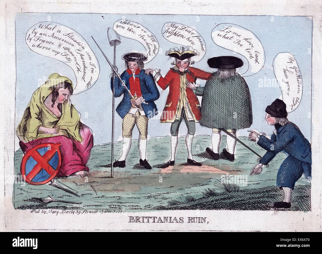 Britannia's ruin. London by Mary Darly. Print shows Britannia lamenting her present state, her shield and broken lance by her side, 'What a situation am I in sold by an American & sold by an American & purchased by France and Spain. 1800 Stock Photo